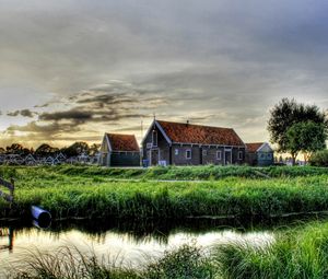 Preview wallpaper building, grass, mill, river, hdr