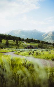 Preview wallpaper building, hill, path, grass, trees, forests