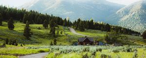 Preview wallpaper building, hill, path, grass, trees, forests