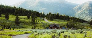 Preview wallpaper building, hill, path, grass, trees, forests