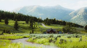 Preview wallpaper building, hill, path, grass, trees, forests