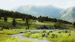 Preview wallpaper building, hill, path, grass, trees, forests