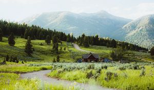 Preview wallpaper building, hill, path, grass, trees, forests