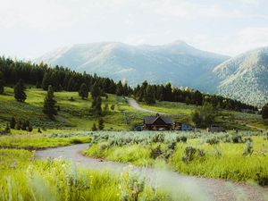 Preview wallpaper building, hill, path, grass, trees, forests