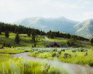 Preview wallpaper building, hill, path, grass, trees, forests