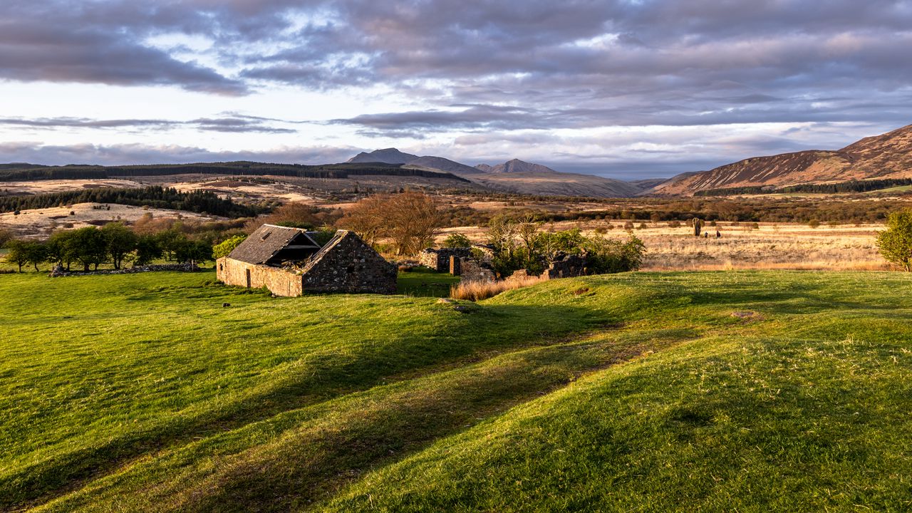 Wallpaper building, hills, grass, nature, landscape