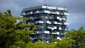 Preview wallpaper building, house, balconies, trees, vertical forest, architecture