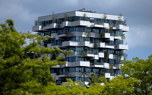 Preview wallpaper building, house, balconies, trees, vertical forest, architecture