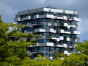 Preview wallpaper building, house, balconies, trees, vertical forest, architecture