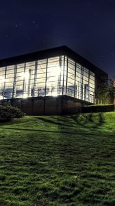 Preview wallpaper building, house, landscape, grass, night, stars