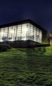 Preview wallpaper building, house, landscape, grass, night, stars
