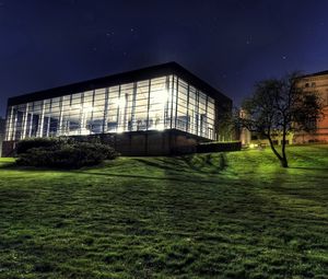 Preview wallpaper building, house, landscape, grass, night, stars