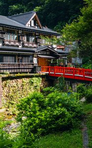 Preview wallpaper building, house, roofs, bridge, architecture