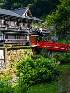 Preview wallpaper building, house, roofs, bridge, architecture