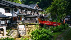 Preview wallpaper building, house, roofs, bridge, architecture