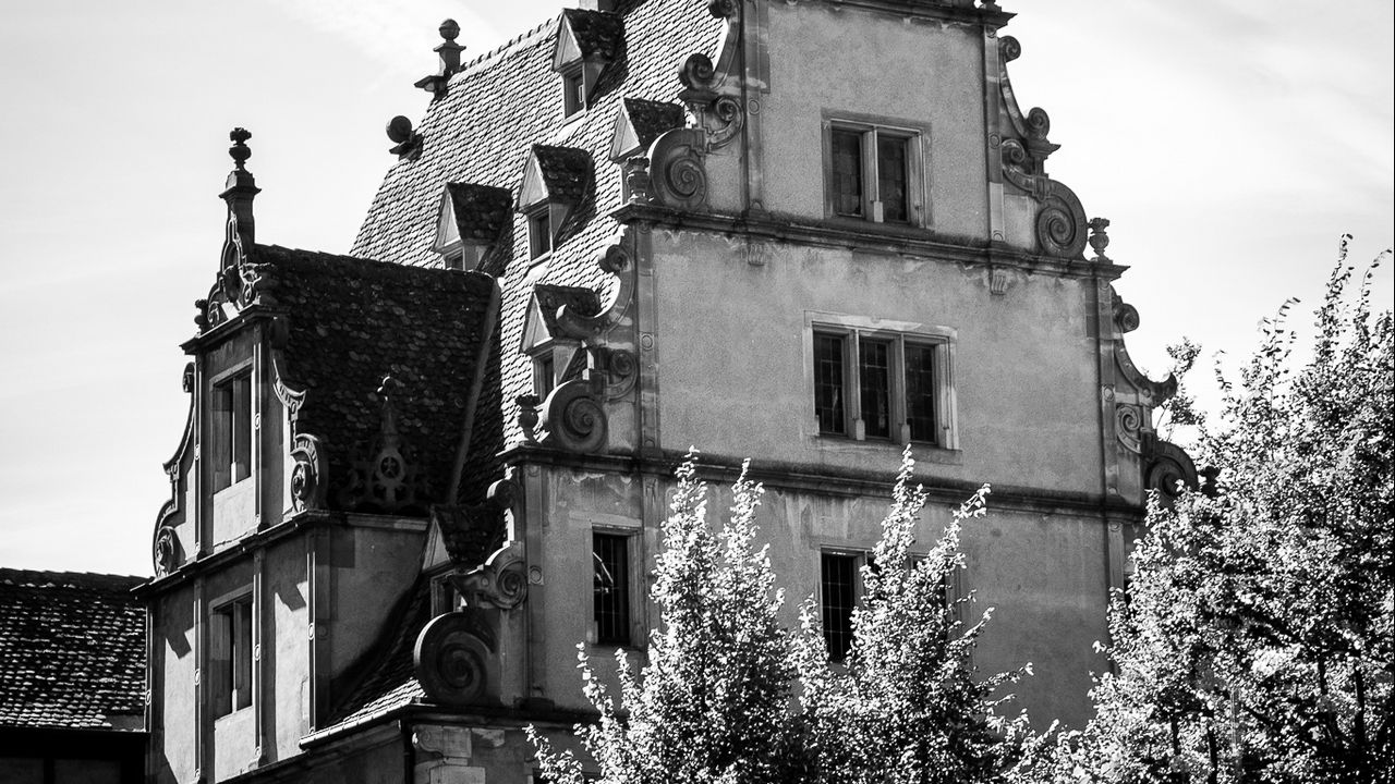 Wallpaper building, house, sculpture, black and white, trees
