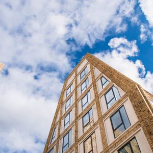 Preview wallpaper building, house, windows, architecture, sky, bottom view