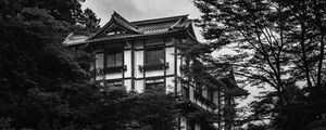 Preview wallpaper building, house, windows, trees, black and white