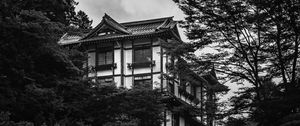 Preview wallpaper building, house, windows, trees, black and white
