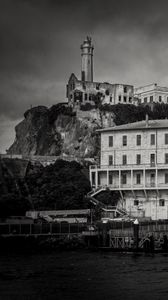 Preview wallpaper building, island, black and white, alcatraz