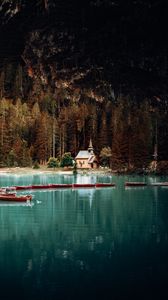 Preview wallpaper building, lake, boats, forest, landscape