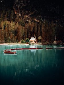 Preview wallpaper building, lake, boats, forest, landscape