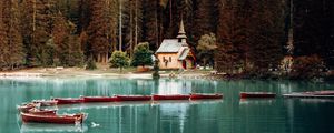 Preview wallpaper building, lake, boats, forest, landscape