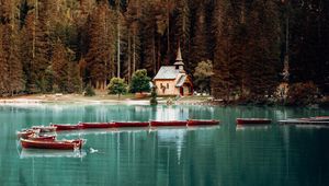 Preview wallpaper building, lake, boats, forest, landscape