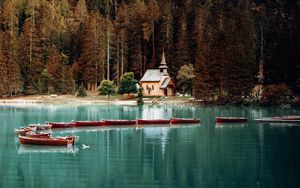 Preview wallpaper building, lake, boats, forest, landscape