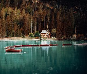 Preview wallpaper building, lake, boats, forest, landscape