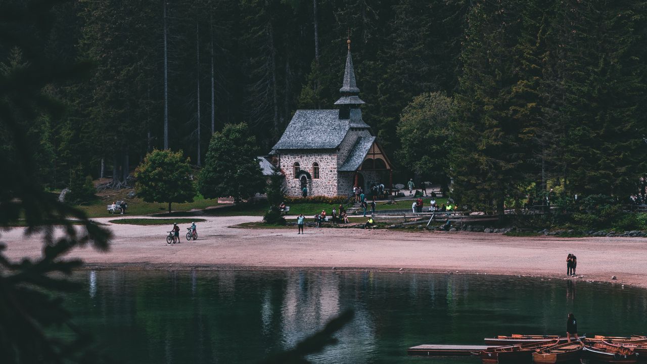 Wallpaper building, lake, trees, shore, nature