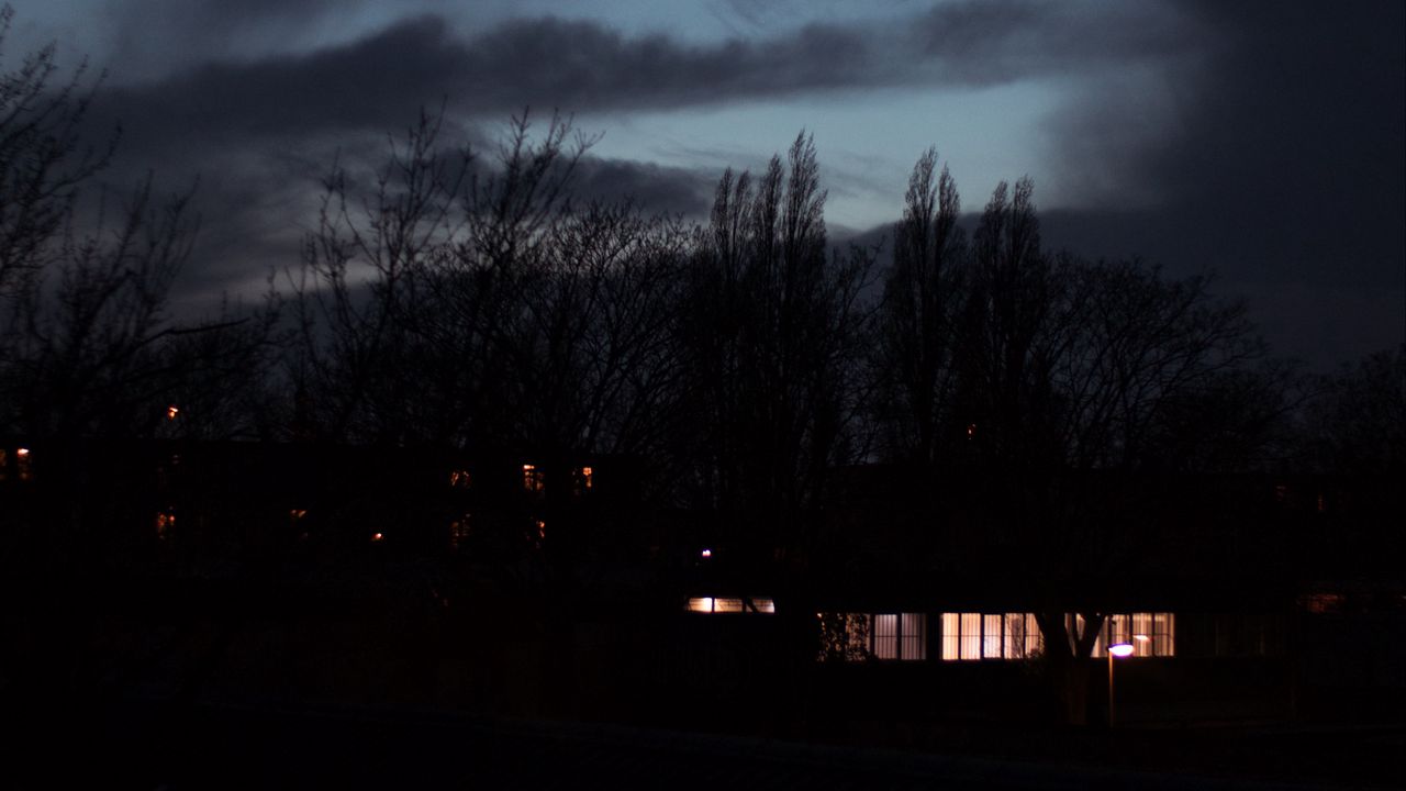 Wallpaper building, light, night, sky, trees, dark