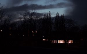 Preview wallpaper building, light, night, sky, trees, dark