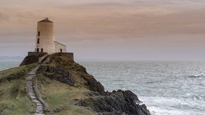 Preview wallpaper building, lighthouse, rock, stairs, sea