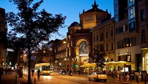 Preview wallpaper building, lights, city, street, people, life, movement