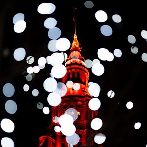 Preview wallpaper building, lights, glare, bokeh, night
