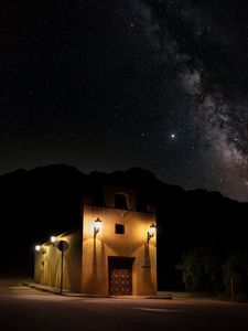 Preview wallpaper building, lights, night, stars, dark