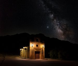Preview wallpaper building, lights, night, stars, dark