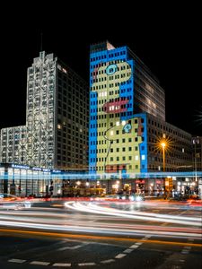 Preview wallpaper building, lights, road, freezelight, night