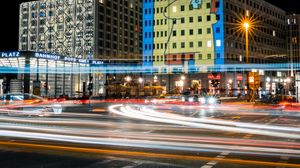 Preview wallpaper building, lights, road, freezelight, night