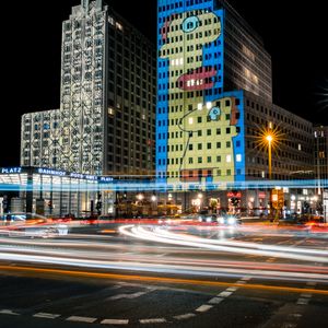 Preview wallpaper building, lights, road, freezelight, night