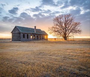 Preview wallpaper building, man, tree, field, sunset, nature