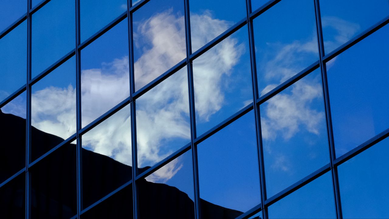 Wallpaper building, mirror, sky, blue