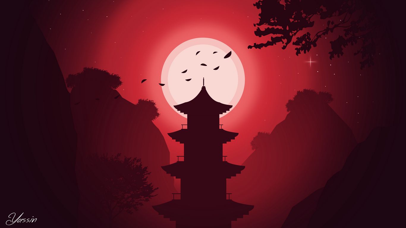 1366x768 Wallpaper building, moon, night, vector, art, red
