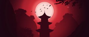 Preview wallpaper building, moon, night, vector, art, red