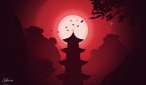 Preview wallpaper building, moon, night, vector, art, red