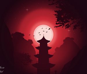 Preview wallpaper building, moon, night, vector, art, red