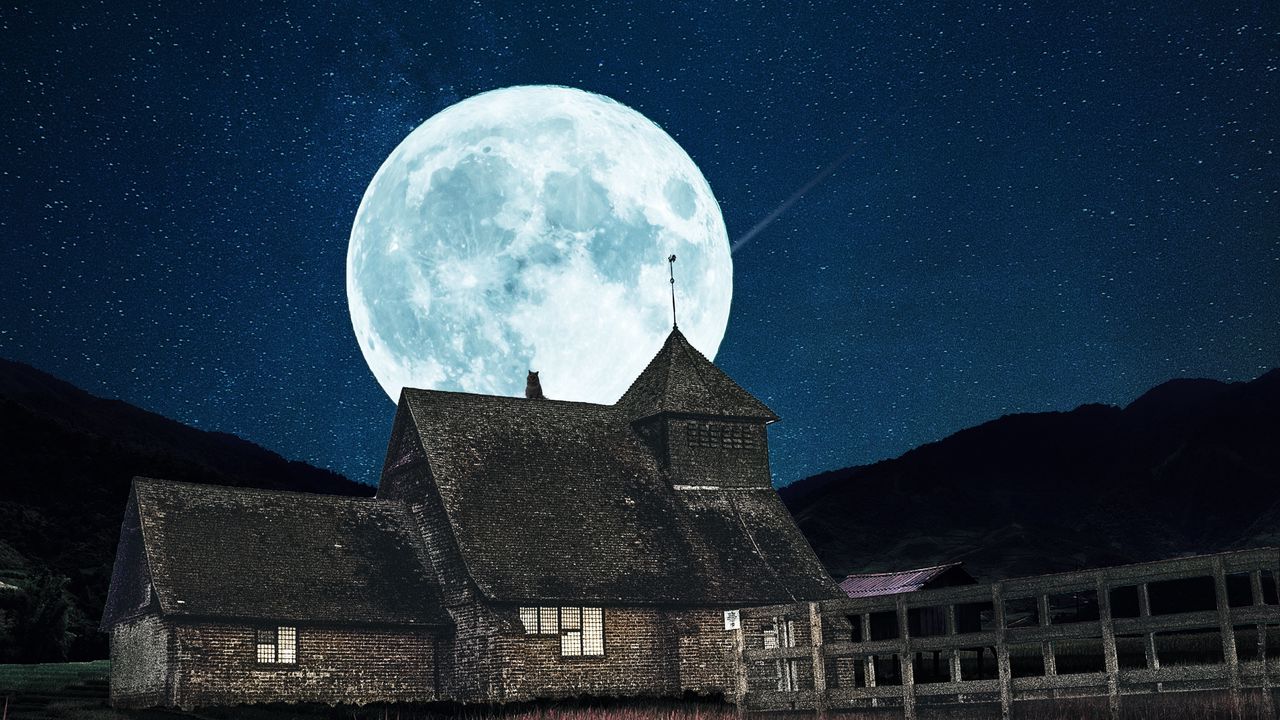 Wallpaper building, moon, night, full moon, starry sky