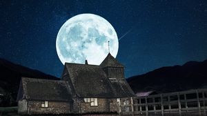 Preview wallpaper building, moon, night, full moon, starry sky