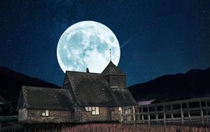 Preview wallpaper building, moon, night, full moon, starry sky